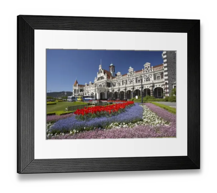 Framed Print : Spring Flowers and Historic Railway Station, Dunedin, South Island, New Zealand