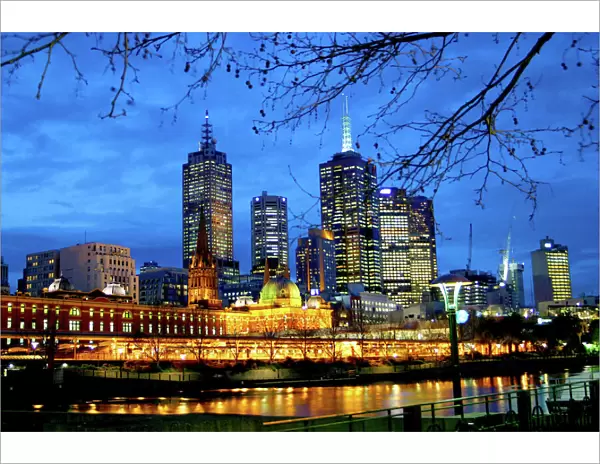 Melbourne, Australia. A nighttime view of the lights and buildings around the river