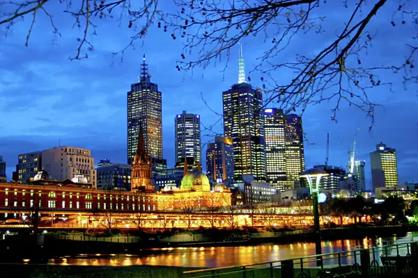 Melbourne, Australia. A nighttime view of the lights and buildings around the river