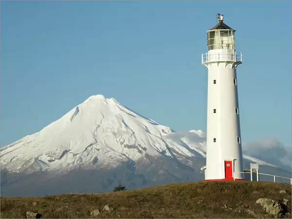 Cape Egmont Lighthouse and Mt Taranaki  /  Mt Egmont, Taranaki, North Island, New Zealand