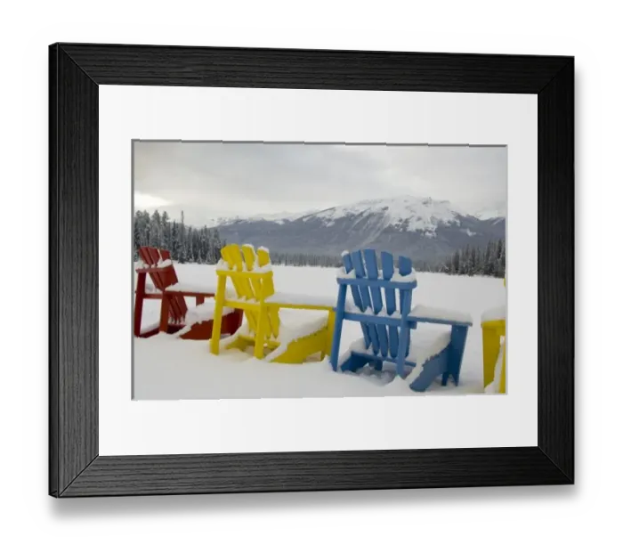 Framed Print : Canada, Alberta, Jasper, Jasper NP. Fairmont Jasper Park Lodge. Colorful chairs around frozen lake Framed Print : Canada, Alberta, Jasper, Jasper NP. Fairmont Jasper Park Lodge. Colorful chairs around frozen lake