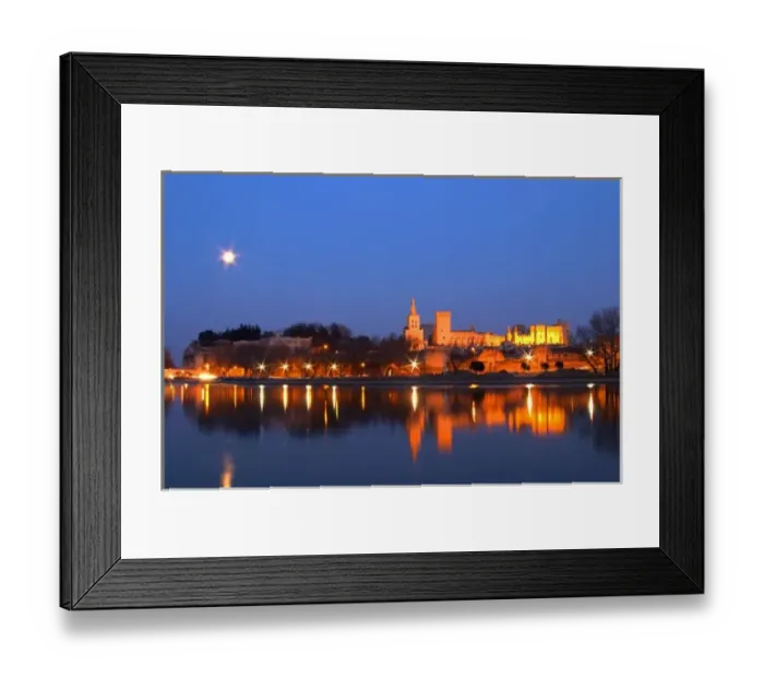 Framed Print : Popes Palace in Avignon and the Rhone river at sunset with moon, Vaucluse, Rhone