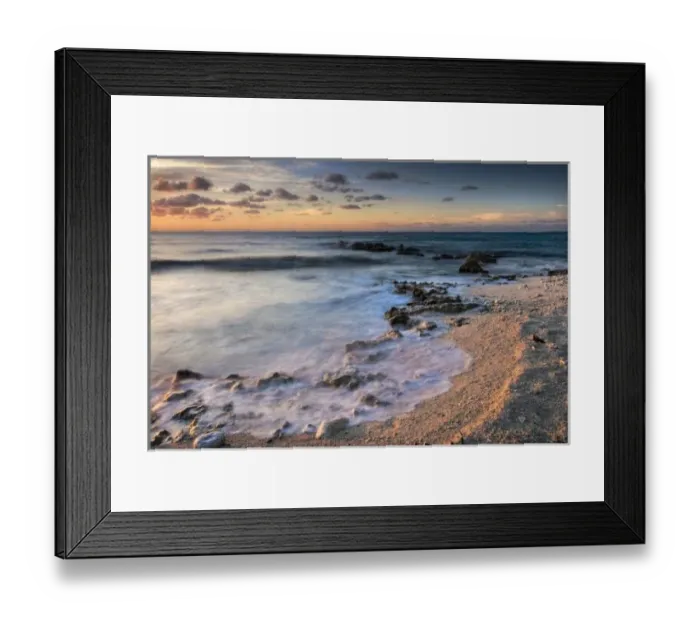 Framed Print : Caribbean Sea, Cayman Islands. Crashing waves at sunset on the shore near George Town