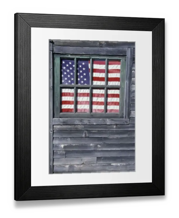 Framed Print : NA, USA, Maine, Georgetown Island. Flag of the United States in window of abandoned store