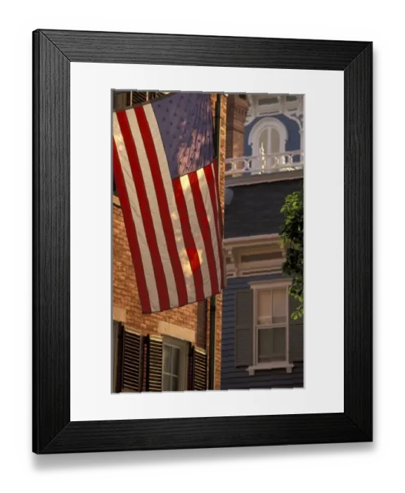 Framed Print : NA, USA, Massachusetts, Nantucket Island, Nantucket Town. Main Street and US flag Framed Print : NA, USA, Massachusetts, Nantucket Island, Nantucket Town. Main Street and US flag