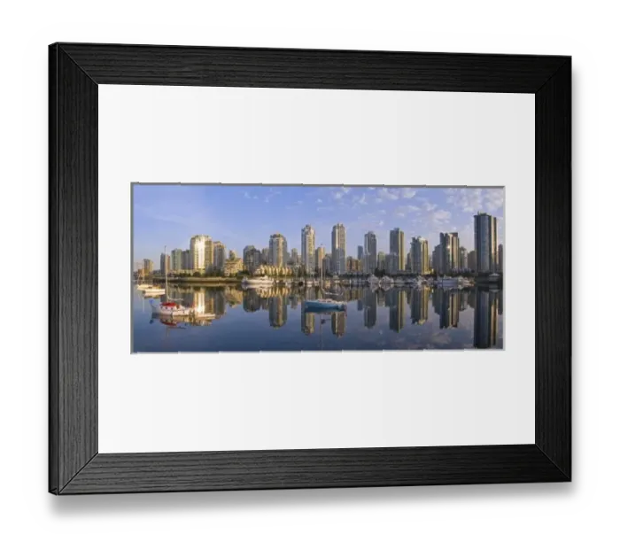 Framed Print : Looking across False Creek at the skyline of Vancouver British Columbia at sunrise