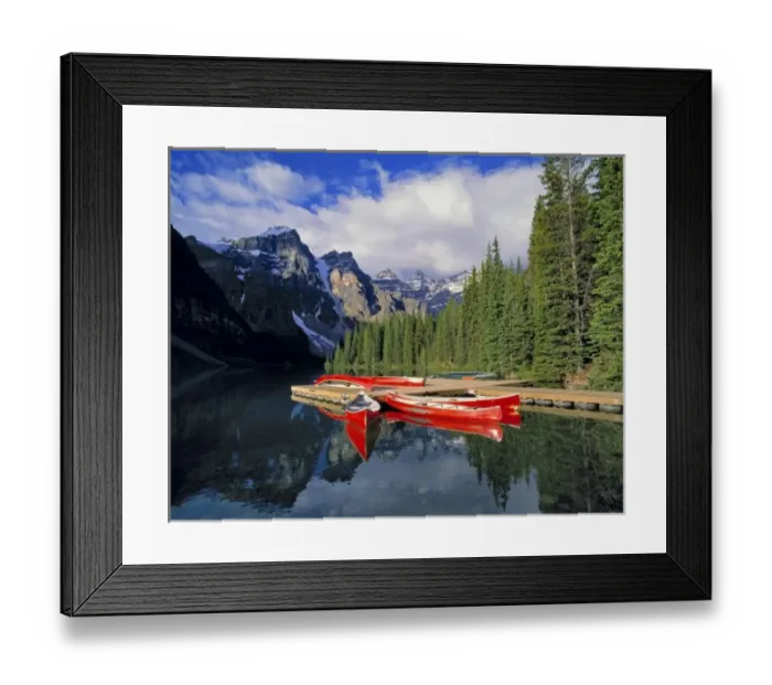 Framed Print : Canada, Alberta, Moraine Lake. The glassy surface of Moraine Lake mirrors red canoes Framed Print : Canada, Alberta, Moraine Lake. The glassy surface of Moraine Lake mirrors red canoes