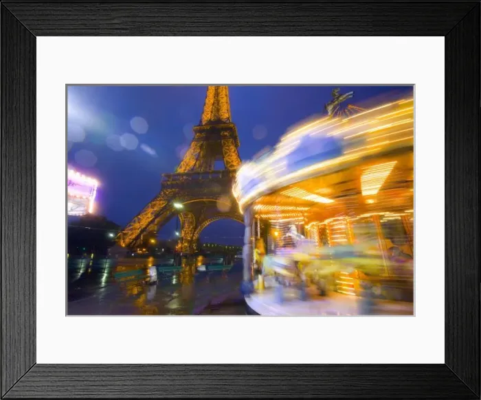Framed Print : France, Paris. Eiffel Tower in twilight fog and rain at twilight with a merry-go-round