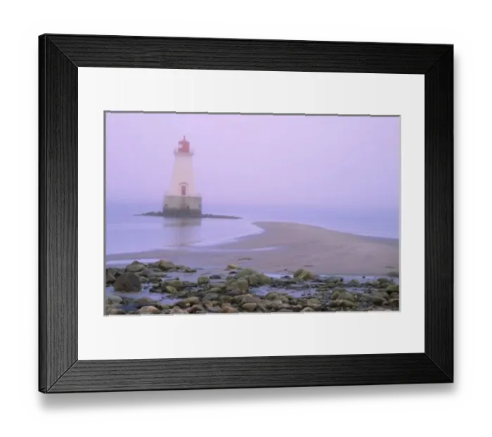 Framed Print : N. A. Canada, Nova Scotia, Shelburne County. Sandy Point lighthouse on a foggy morning