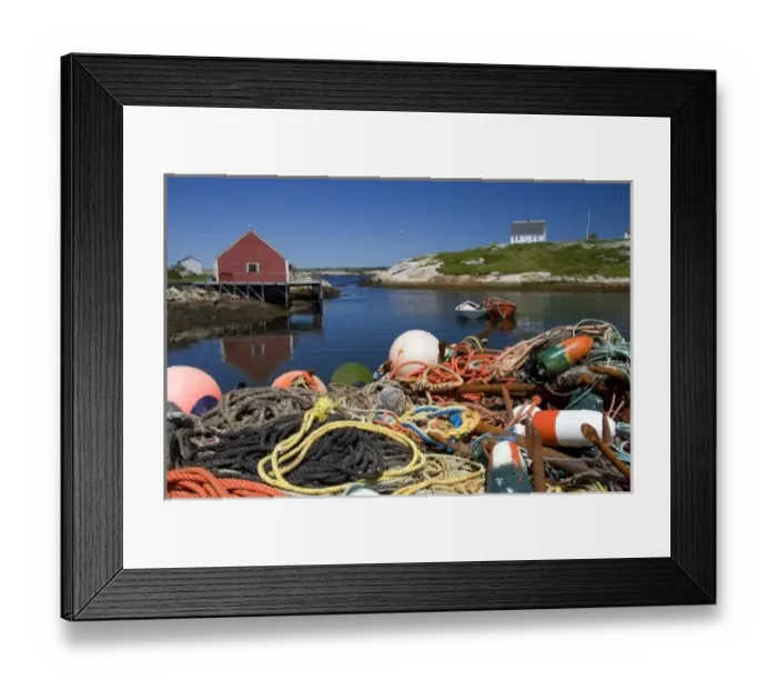 Framed Print : Lobster pots, buoys, and ropes on the dock at Peggys Cove, Nova Scotia, Canada