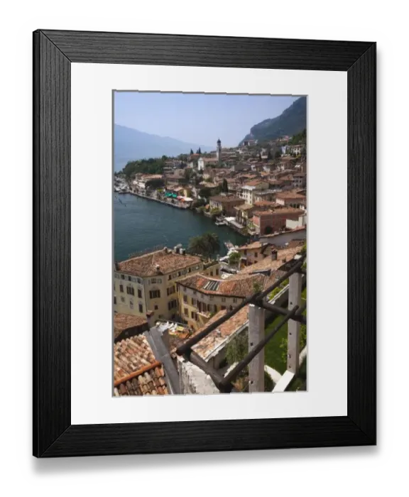 Framed Print : Italy, Brescia Province, Limone sul Garda. Town view from the lemon groves, daytime Framed Print : Italy, Brescia Province, Limone sul Garda. Town view from the lemon groves, daytime