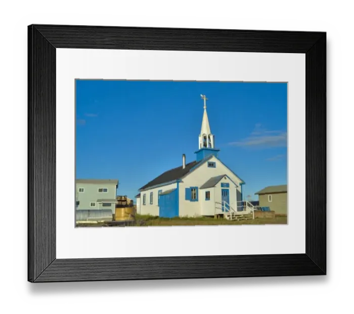 Framed Print : View of a blue and white church in Dene tribe village of Lutsel K e on The Great Slave Lake
