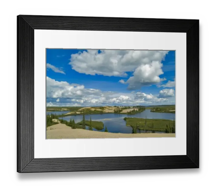 Framed Print : Cumulus clouds float above lakes, Northwest Territories, Canada Framed Print : Cumulus clouds float above lakes, Northwest Territories, Canada