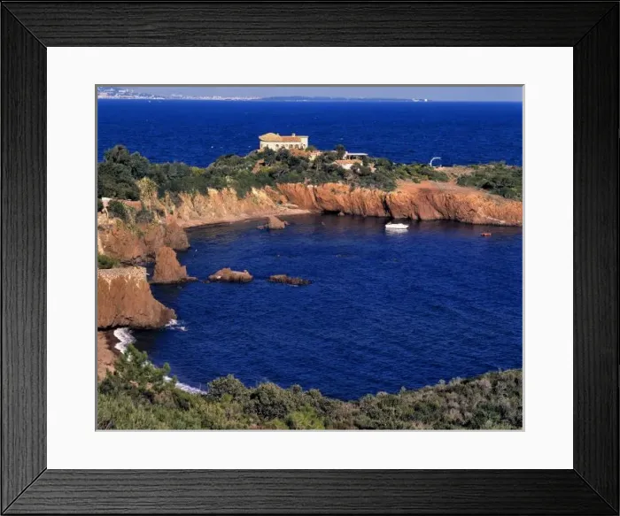 Framed Print : Europe, France, Theoule-sur-Mer. A tile-roofed house occupies a small spit of land Framed Print : Europe, France, Theoule-sur-Mer. A tile-roofed house occupies a small spit of land