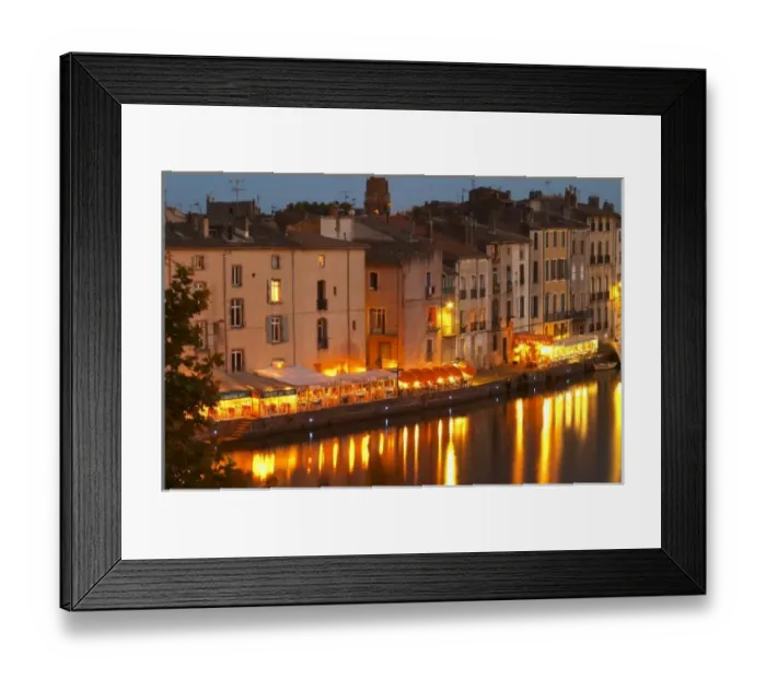 Framed Print : Restaurants along the l Herault river. L Herault river. Agde town. Languedoc Framed Print : Restaurants along the l Herault river. L Herault river. Agde town. Languedoc