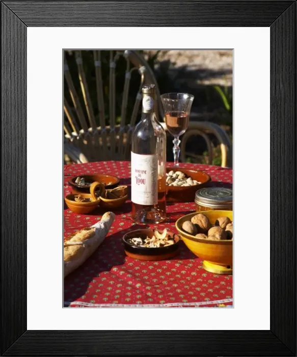 Framed Print : Aperitif and appetizers prepared: bread, olives, walnuts, Domaine du Loou Coteau Framed Print : Aperitif and appetizers prepared: bread, olives, walnuts, Domaine du Loou Coteau
