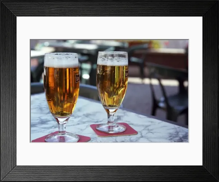 Framed Print : Chablis; two cool beers at 42 degrees hot summer day at a bar in the village, Bourgogne