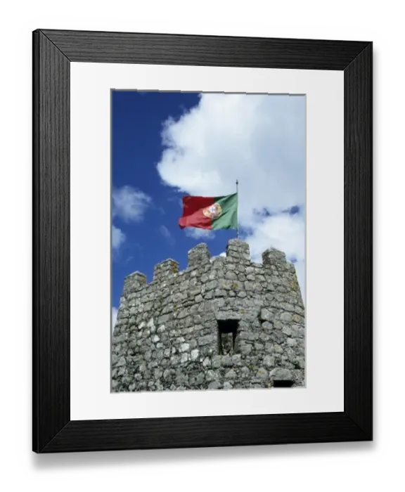 Framed Print : Portugal, Sintra. Portuguese flag on tower of Castelo dos Mouros, Moorish castle (8th c. )