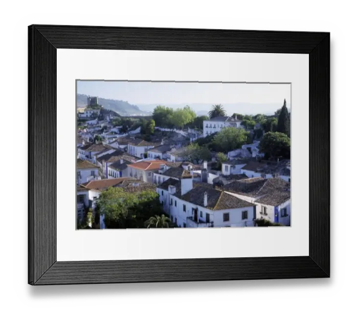 Framed Print : Portugal, Obidos. Elevated view of whitewashed houses and 14th century crenellated walls of castle Framed Print : Portugal, Obidos. Elevated view of whitewashed houses and 14th century crenellated walls of castle
