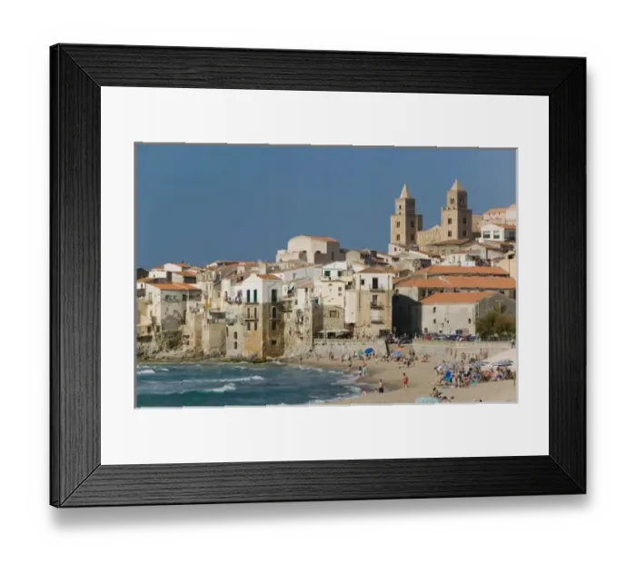 Framed Print : Italy, Sicily, Cefalu, Town View with Duomo from Beach Framed Print : Italy, Sicily, Cefalu, Town View with Duomo from Beach