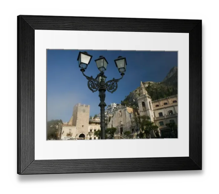 Framed Print : ITALY, Sicily, TAORMINA: Piazza iX Aprile, San Augustino Church & Fog