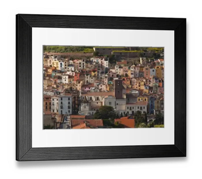 Framed Print : Italy, Sardinia, Bosa. Town view with Castello Malaspina, late afternoon