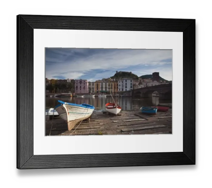 Framed Print : Italy, Sardinia, Bosa. Temo River and Ponte Vecchio bridge
