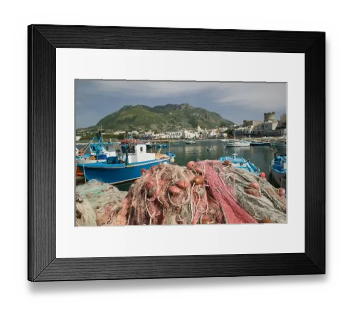 Framed Print : ITALY, Campania, (Bay of Naples), ISCHIA, FORIO: Town View from Fishing Port / Daytime Framed Print : ITALY, Campania, (Bay of Naples), ISCHIA, FORIO: Town View from Fishing Port / Daytime