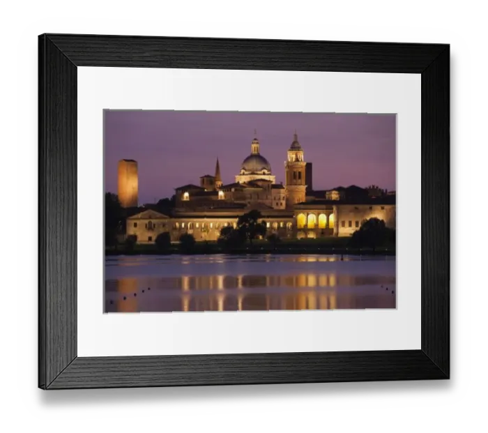 Framed Print : Italy, Mantua Province, Mantua. Town view and Palazzo Ducale from Lago Inferiore, dusk Framed Print : Italy, Mantua Province, Mantua. Town view and Palazzo Ducale from Lago Inferiore, dusk