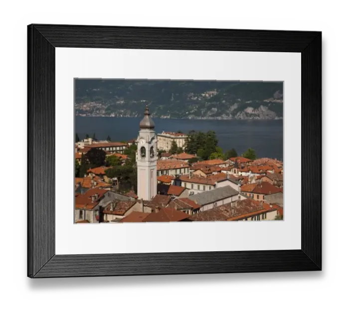 Framed Print : Italy, Como Province, Menaggio. Town view and Chiesa San Stefano church