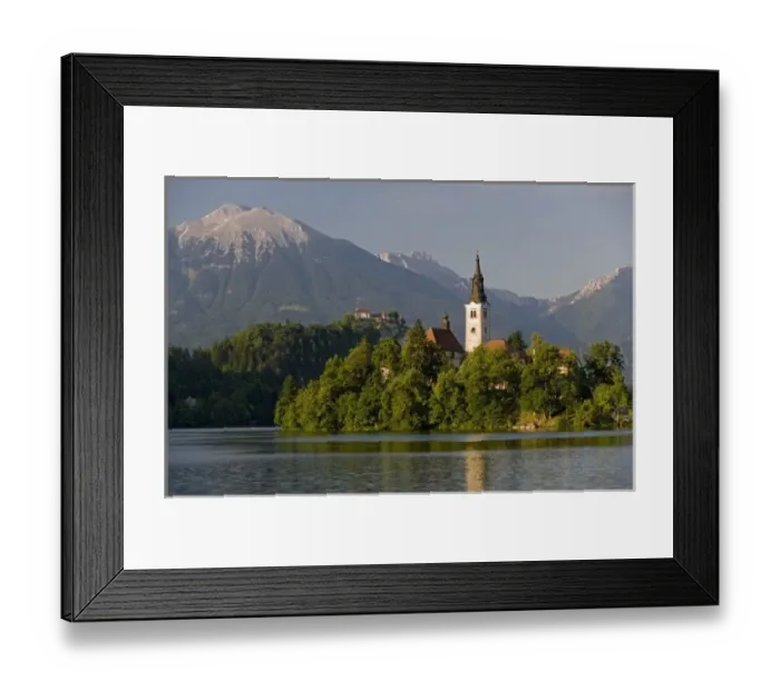 Framed Print : Church of the Assumption on island in Lake Bled, Slovenia Framed Print : Church of the Assumption on island in Lake Bled, Slovenia