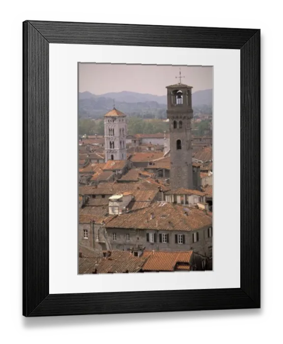 Framed Print : Europe, Italy, Tuscany, Lucca, Town panorama from tower; Casa dei Guinigi; Lucca rooftops