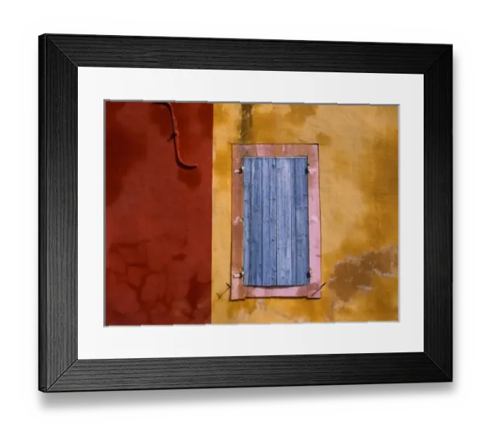 Framed Print : Europe, France, Roussillon. Blue shutters conceal a window in Roussillon, Provence Framed Print : Europe, France, Roussillon. Blue shutters conceal a window in Roussillon, Provence