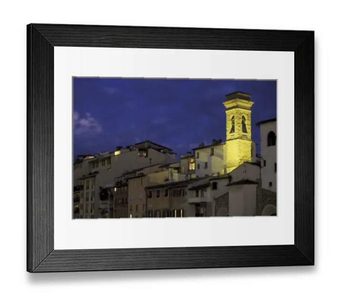 Framed Print : Europe, Italy, Florence, Architectural detail; lit belltower, evening