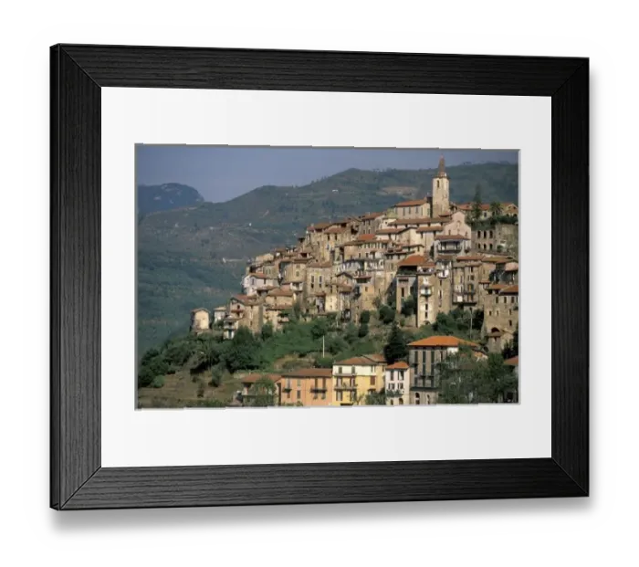 Framed Print : Europe, Italy, Liguria, Apricale. Riviera Di Ponente; morning hill town view Framed Print : Europe, Italy, Liguria, Apricale. Riviera Di Ponente; morning hill town view