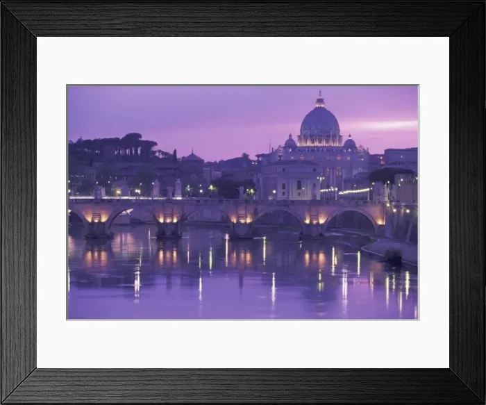 Framed Print : Europe, Italy, Rome. St. Peters and Ponte Sant Angelo, evening; The Vatican