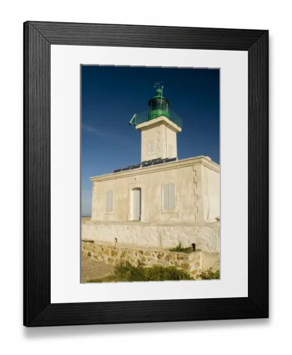 Framed Print : Europe, France, Corsica, Ile Rousse. Lighthouse with solar panels short hike from town Framed Print : Europe, France, Corsica, Ile Rousse. Lighthouse with solar panels short hike from town