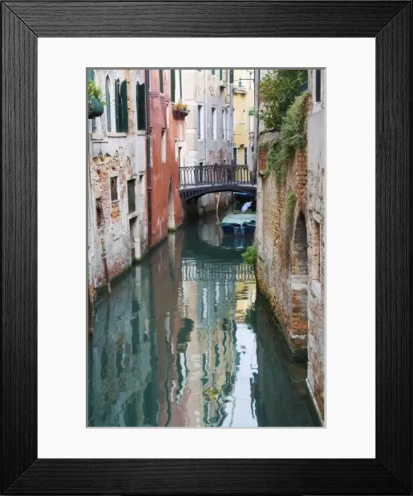 Framed Print : Italy, Venice, Reflections and Small Bridge of Small Canal of Venice