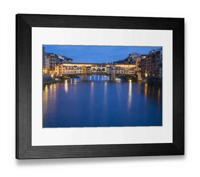 Framed Print : Europe, Italy, Florence, Night Reflections in the River Arno and the Ponte Vecchio Bridge