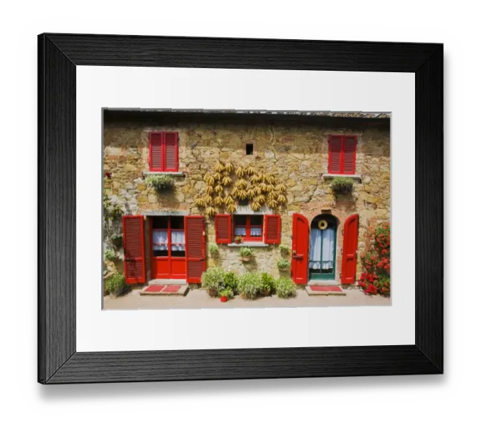 Framed Print : Italy, Lucignano, Red Shutters and Harvest Corn on House Lucignano