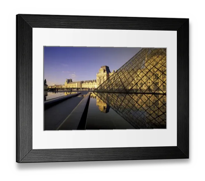 Framed Print : Europe, France, Paris. Le Louvre and glass pyramid with reflections in water Framed Print : Europe, France, Paris. Le Louvre and glass pyramid with reflections in water