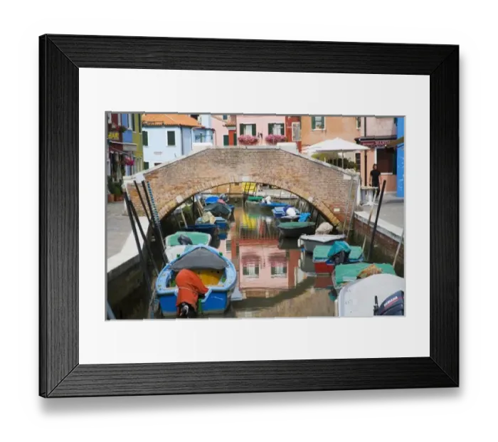 Framed Print : Island of Burano, Burano, Italy. Colorful Burano City homes Reflecting in the Canal