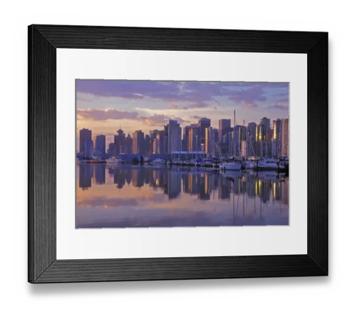 Framed Print : Canada, Vancouver, British Columbia. Vancouver Skyline with boats in harbor at sunrise Framed Print : Canada, Vancouver, British Columbia. Vancouver Skyline with boats in harbor at sunrise