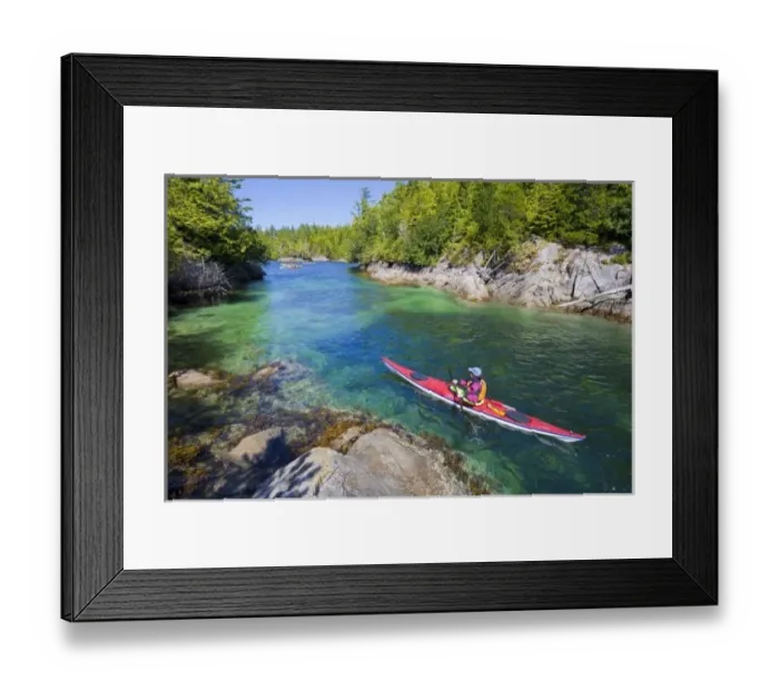 Framed Print : Canada, British Columbia, Vancouver Island. Sea kayakers in a calm channel. (MR) Framed Print : Canada, British Columbia, Vancouver Island. Sea kayakers in a calm channel. (MR)