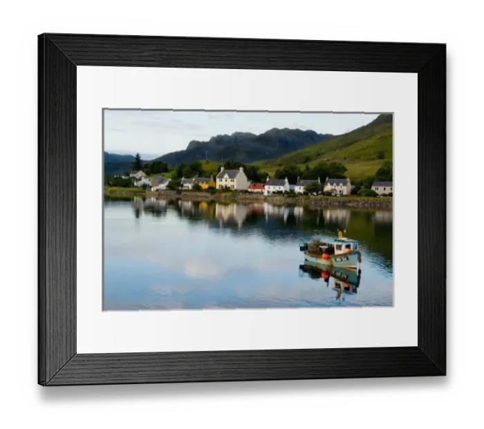 Framed Print : Beautiful photo of small village of Dornie with reflections and boat in Western Highlands Framed Print : Beautiful photo of small village of Dornie with reflections and boat in Western Highlands