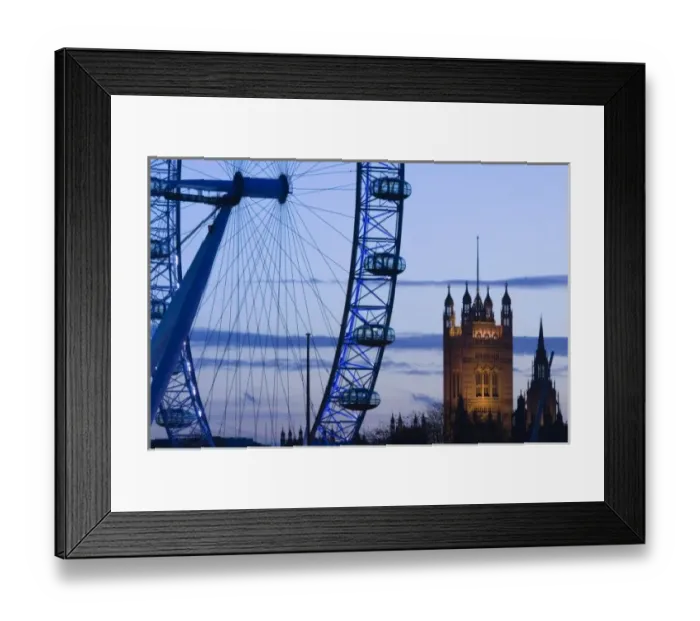 Framed Print : Europe, ENGLAND, London: Houses of Parliament and London Eye / Evening Framed Print : Europe, ENGLAND, London: Houses of Parliament and London Eye / Evening