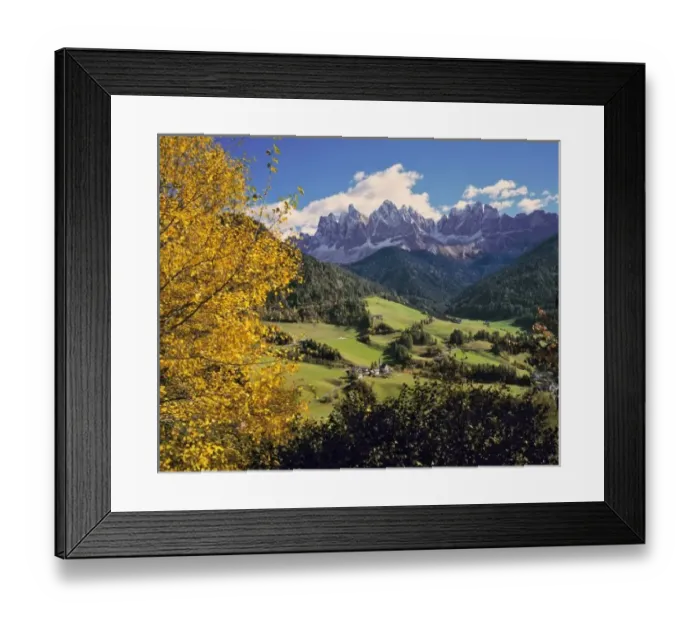 Framed Print : Europe, Italy, Santa Magdalena. Santa Magdalena sits below the Odle Group part of the sharp Framed Print : Europe, Italy, Santa Magdalena. Santa Magdalena sits below the Odle Group part of the sharp