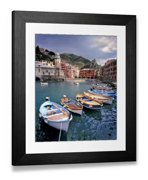 Framed Print : Europe, Italy, Vernazza. Brightly painted boats line the dock at Vernazza Harbor Framed Print : Europe, Italy, Vernazza. Brightly painted boats line the dock at Vernazza Harbor