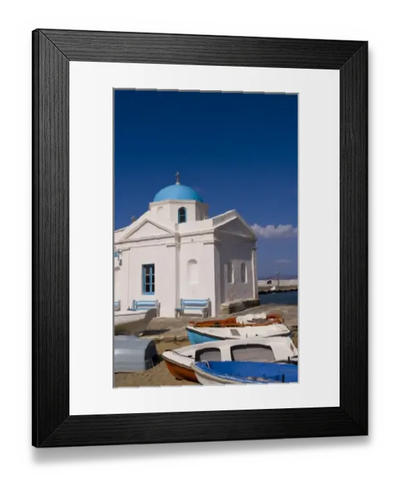 Framed Print : White church on the beach near the Aegean Sea on Mykonos, Greece