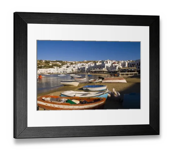 Framed Print : The harbor town with colorful fishing boats moored at the small harbor, Mykonos Framed Print : The harbor town with colorful fishing boats moored at the small harbor, Mykonos